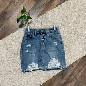 Kancan Edgy Distressed Destroyed Retro 90's Vibes Button Fly Denim Mini Skirt